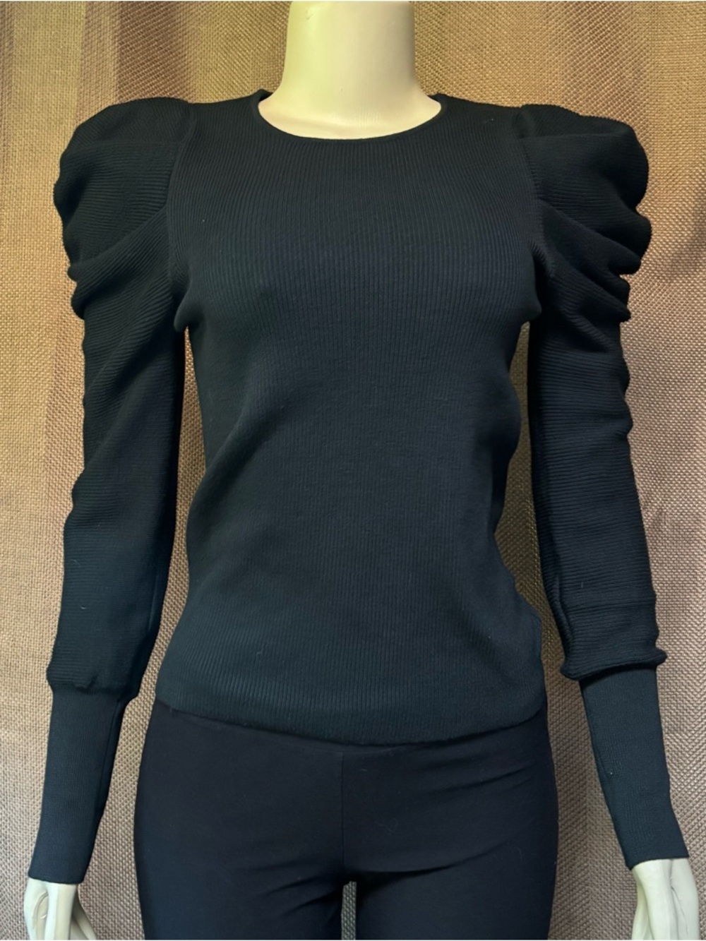 Grace & Karma Sz S Black Puff-Sleeve Ribbed Sweater